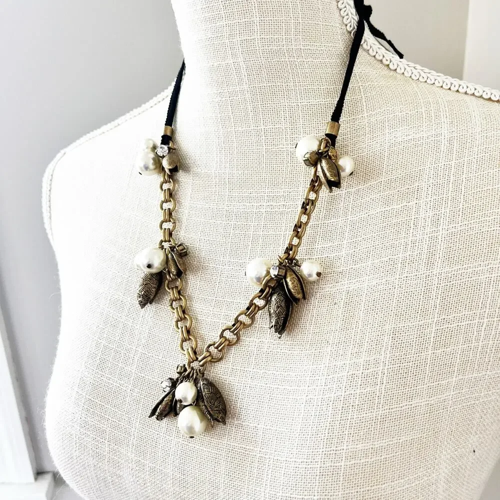 J. Crew Faux Pearl & Brass Flower Buds Ribbon Necklace